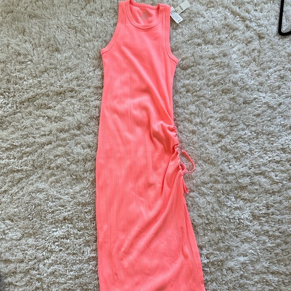 Aerie Neon Coral Pink Ruched Rib Midi Dress Adjustable Slit Scrunch - Picture 5 of 12